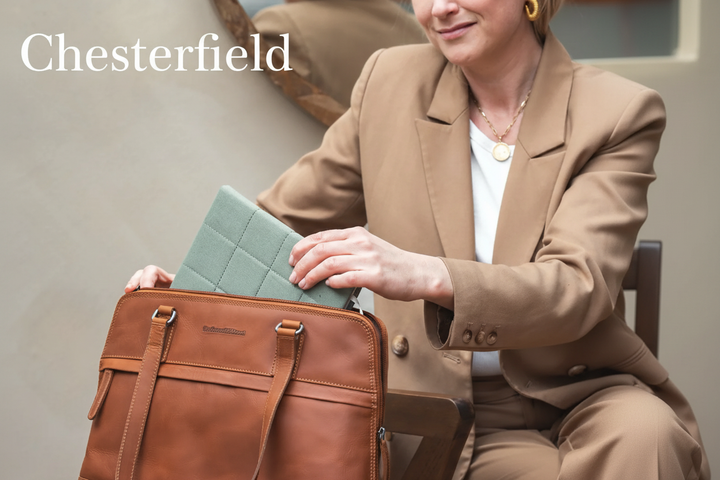 Chesterfield bag image with white text